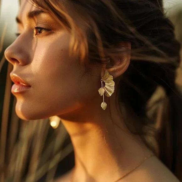 Statement Earrings for Women by , Gold Dangle Earrings, Leaf Fan Shape Flower Ea - Picture 2 of 5